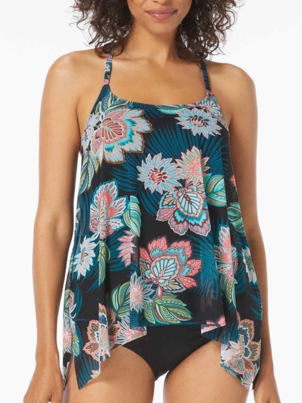 Coco Reef Current Mesh Layer Underwire Tankini Top 32C Tropical Lotus Black NWT